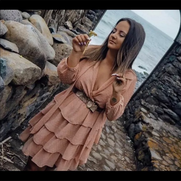 Zara Belted Dotted Mesh Tiered Dress Peach Pink S - Picture 4 of 15